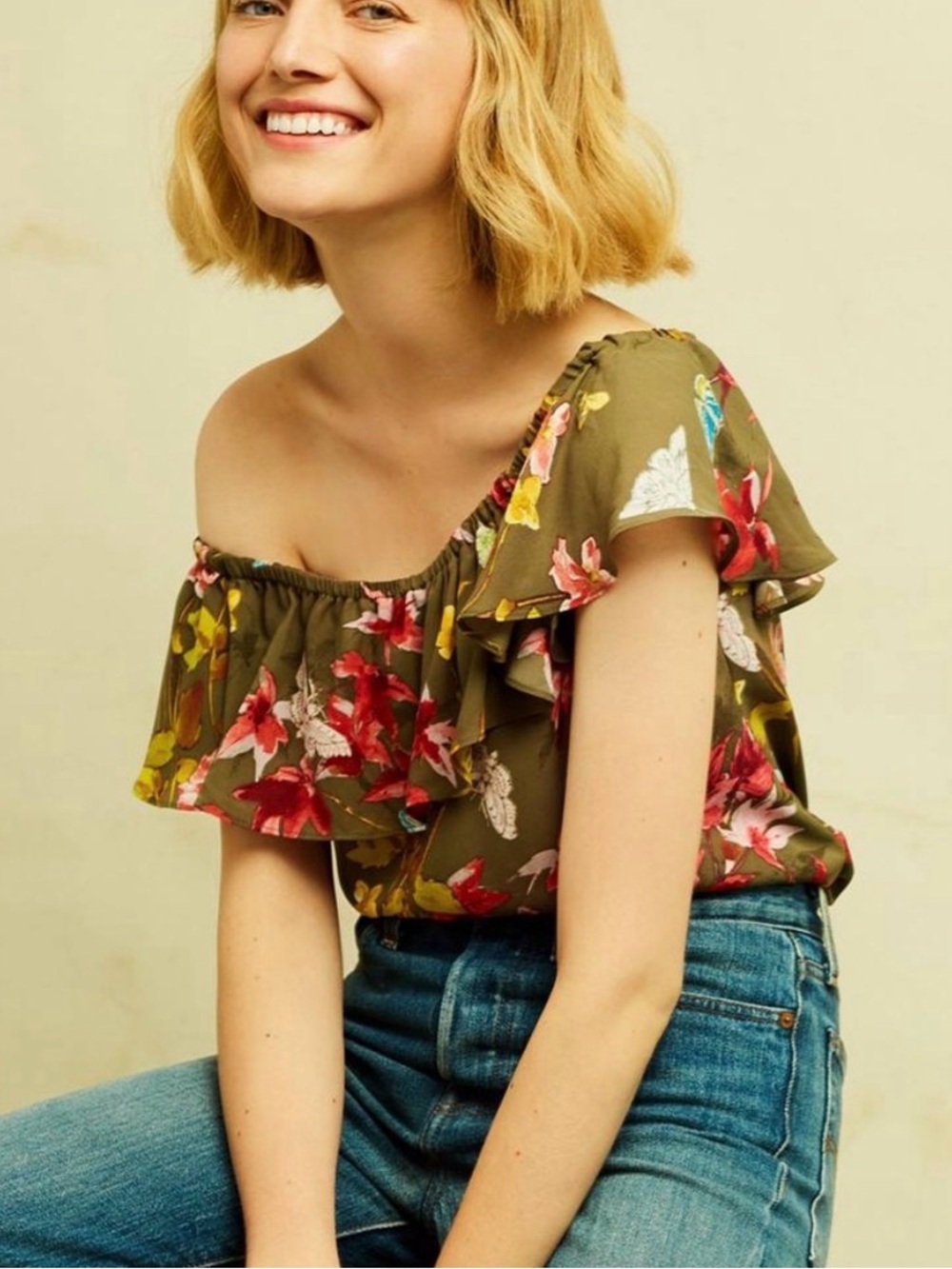 Maeve Anthropologie Olive Off-Shoulder Top
